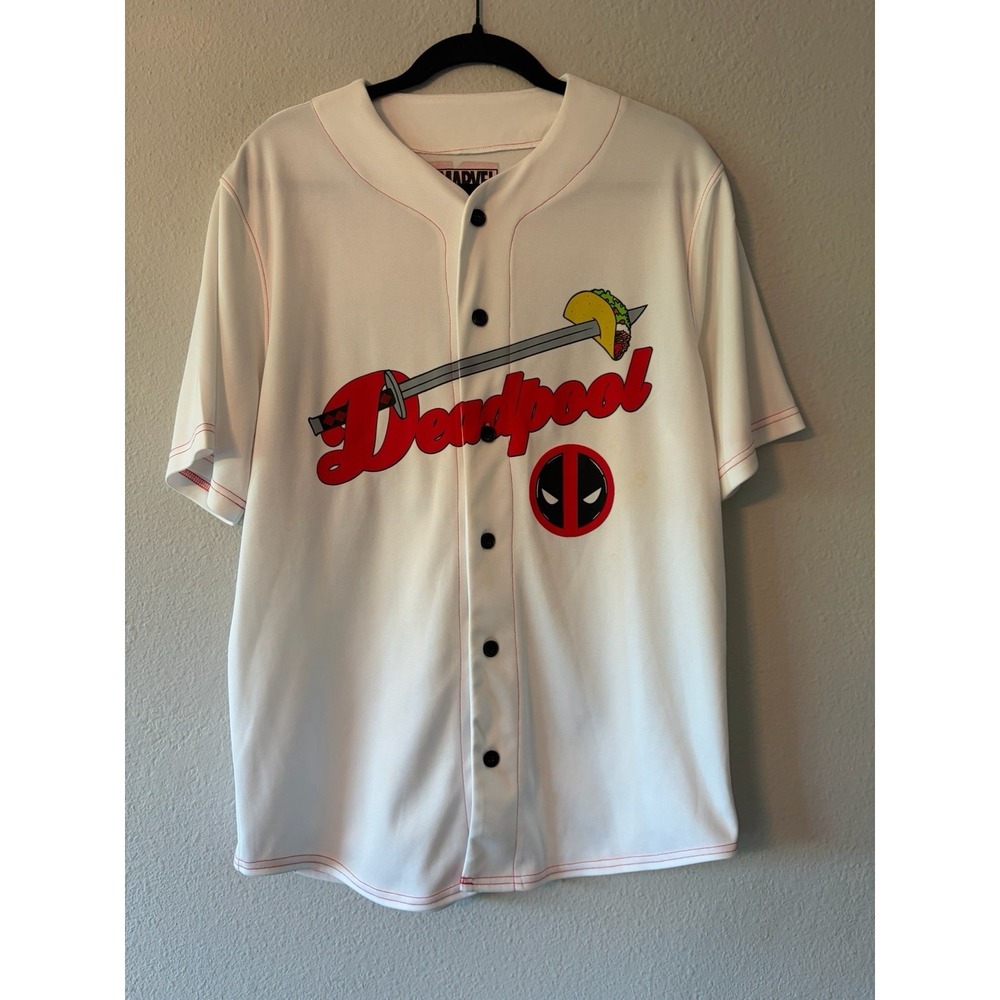 Marvel Deadpool Tacos #91 White Baseball Jersey Mens Size Small Button Up Shirt